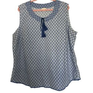 Talbots Women Size 3X Blue White‎  Sleeveless Top Tassel 100% Cotton Geometric